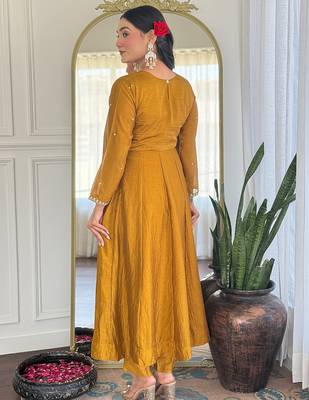 Mustard vichitra silk heavy thread embroidery sequins work kurta pant set 3