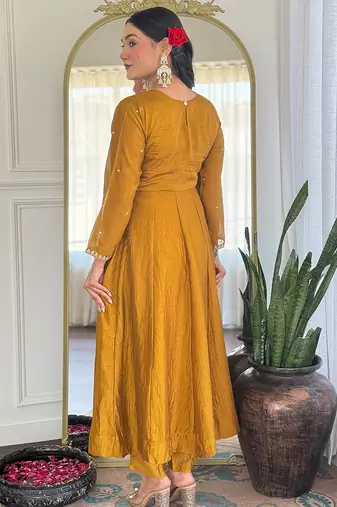 Mustard vichitra silk heavy thread embroidery sequins work kurta pant set