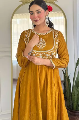 Mustard vichitra silk heavy thread embroidery sequins work kurta pant set