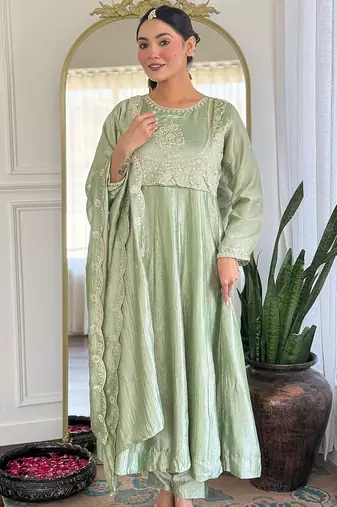 Pista vichitra silk heavy thread embroidery sequins work kurta pant set
