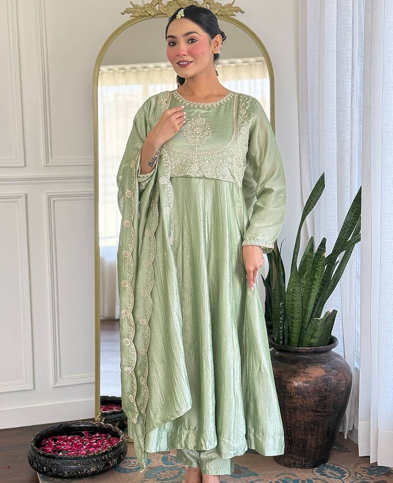 Pista vichitra silk heavy thread embroidery sequins work kurta pant set