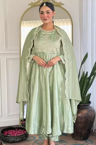 Pista vichitra silk heavy thread embroidery sequins work kurta pant set