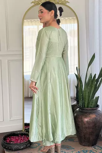 Pista vichitra silk heavy thread embroidery sequins work kurta pant set