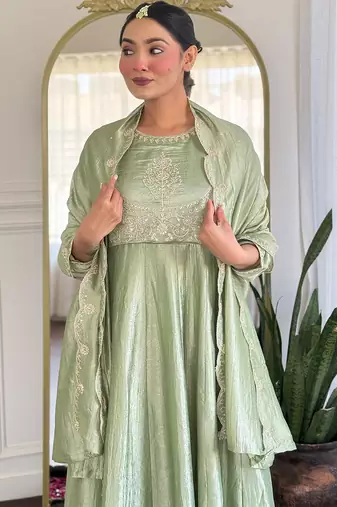 Pista vichitra silk heavy thread embroidery sequins work kurta pant set