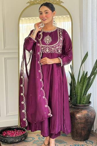 Purple vichitra silk heavy thread embroidery sequins work kurta pant set