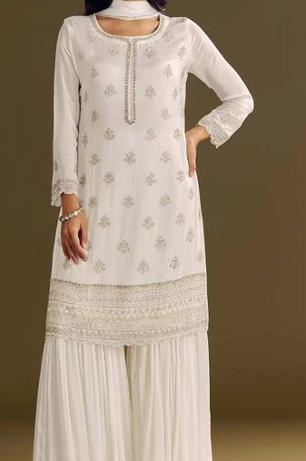 White embroidered chinon semi-stitched palazzo style salwar suit