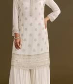 White embroidered chinon semi-stitched palazzo style salwar suit