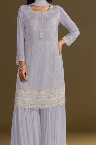 Light purple embroidered chinon semi-stitched palazzo style salwar suit