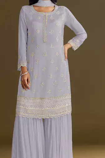 Light purple embroidered chinon semi-stitched palazzo style salwar suit