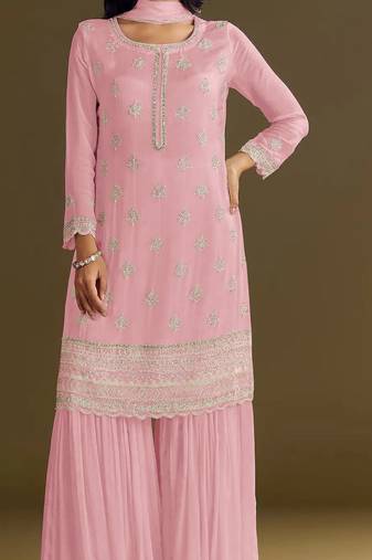 Baby pink embroidered chinon semi-stitched palazzo style salwar suit