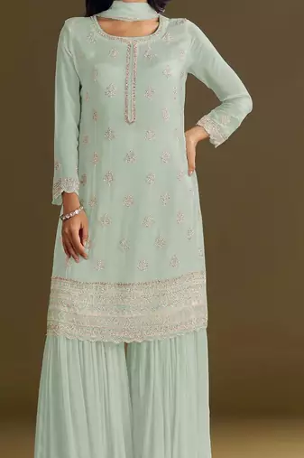 Light green embroidered chinon semi-stitched palazzo style salwar suit