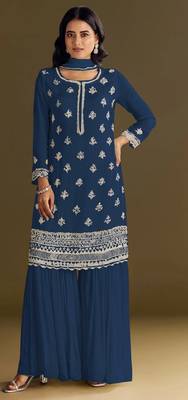 Blue embroidered chinon stitched palazzo style salwar suit 1
