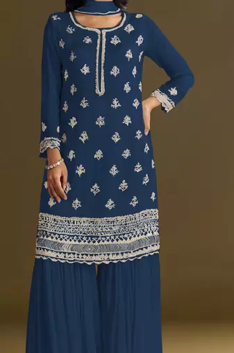 Blue embroidered chinon semi-stitched palazzo style salwar suit