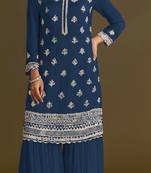 Blue embroidered chinon semi-stitched palazzo style salwar suit