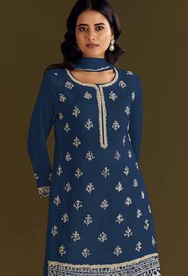 Blue embroidered chinon stitched palazzo style salwar suit 2