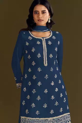Blue embroidered chinon stitched palazzo style salwar suit