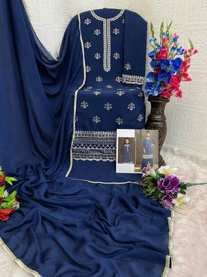 Blue embroidered chinon stitched palazzo style salwar suit 3