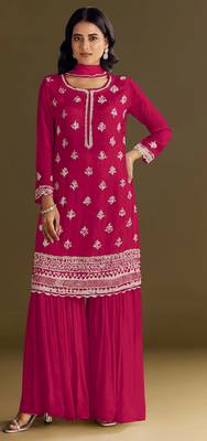 Red embroidered chinon stitched palazzo style salwar suit 1