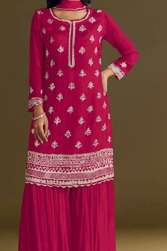 Red embroidered chinon semi-stitched palazzo style salwar suit