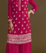 Red embroidered chinon semi-stitched palazzo style salwar suit