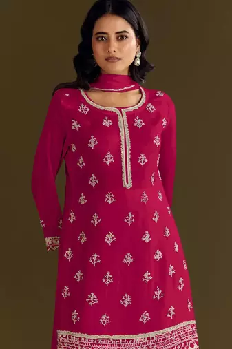 Red embroidered chinon stitched palazzo style salwar suit