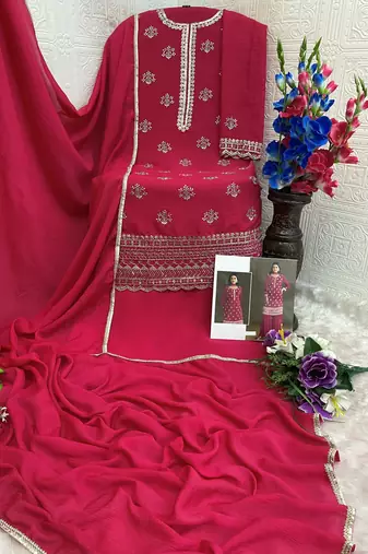 Red embroidered chinon stitched palazzo style salwar suit