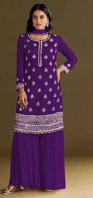 Purple embroidered chinon stitched palazzo style salwar suit 1
