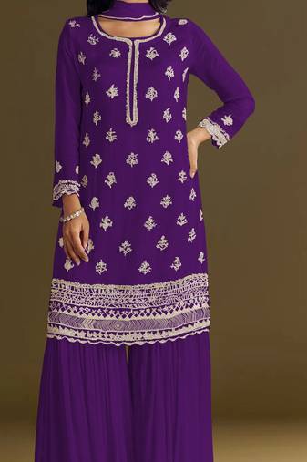 Purple embroidered chinon semi-stitched palazzo style salwar suit