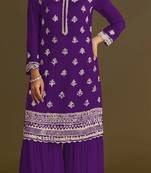 Purple embroidered chinon semi-stitched palazzo style salwar suit