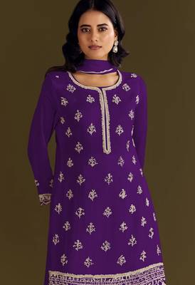 Purple embroidered chinon stitched palazzo style salwar suit 2