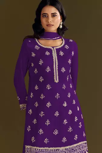 Purple embroidered chinon stitched palazzo style salwar suit