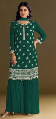 Green embroidered chinon stitched palazzo style salwar suit 1