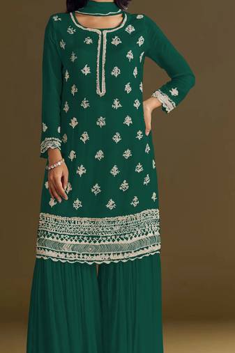 Green embroidered chinon semi-stitched palazzo style salwar suit