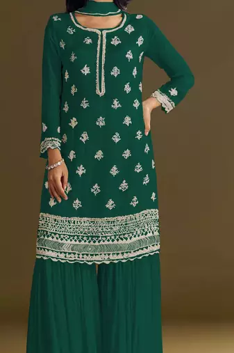 Green embroidered chinon semi-stitched palazzo style salwar suit