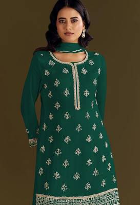 Green embroidered chinon stitched palazzo style salwar suit 2