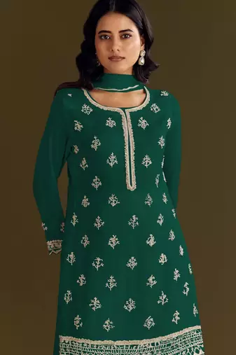 Green embroidered chinon stitched palazzo style salwar suit