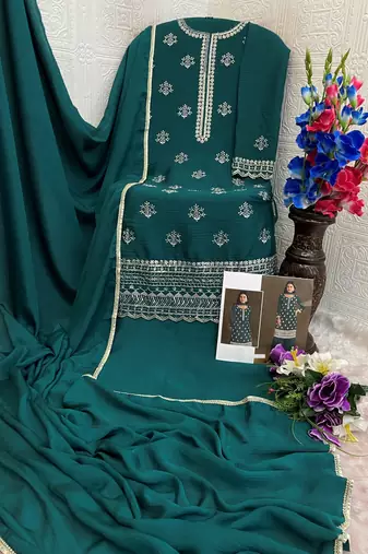 Green embroidered chinon stitched palazzo style salwar suit