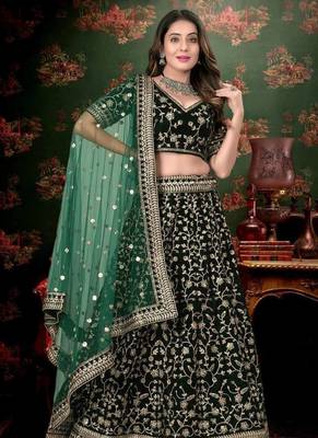 Green cord worked velvet semi stitched lehenga dress 1