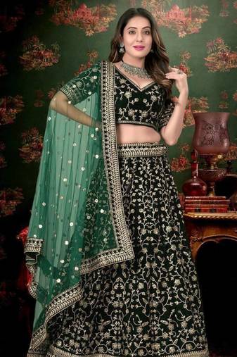 Green cord worked velvet semi stitched lehenga dress