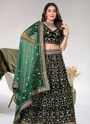 Green cord worked velvet semi stitched lehenga dress 2