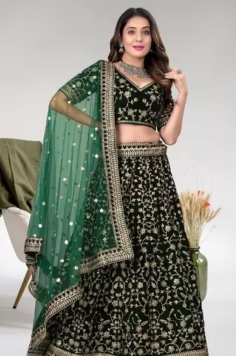 Green cord worked velvet semi stitched lehenga dress