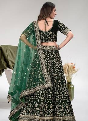 Green cord worked velvet semi stitched lehenga dress 4