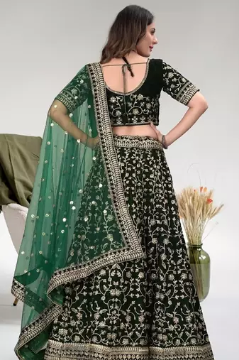 Green cord worked velvet semi stitched lehenga dress