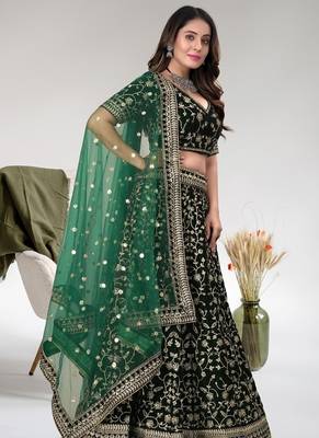 Green cord worked velvet semi stitched lehenga dress 5
