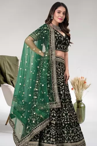 Green cord worked velvet semi stitched lehenga dress