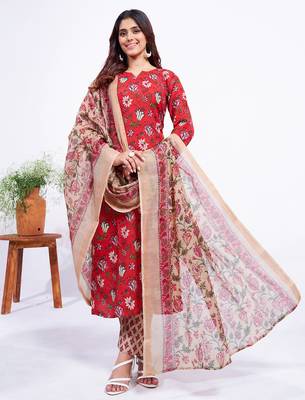  Women's Cotton Blend Floral Straight Printed Kurta Pant With Dupatta | kurta sets for woman 1