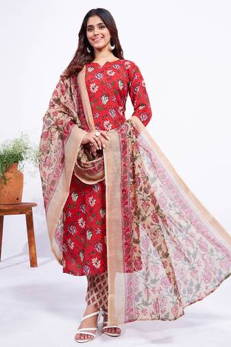  Women's Cotton Blend Floral Straight Printed Kurta Pant With Dupatta | kurta sets for woman