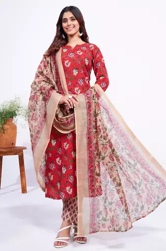  Women's Cotton Blend Floral Straight Printed Kurta Pant With Dupatta | kurta sets for woman