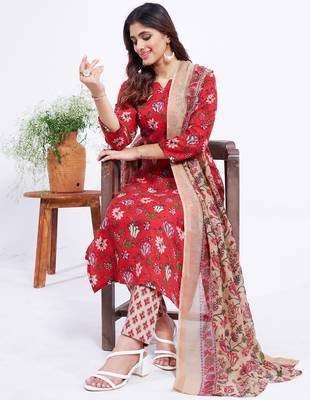  Women's Cotton Blend Floral Straight Printed Kurta Pant With Dupatta | kurta sets for woman 3