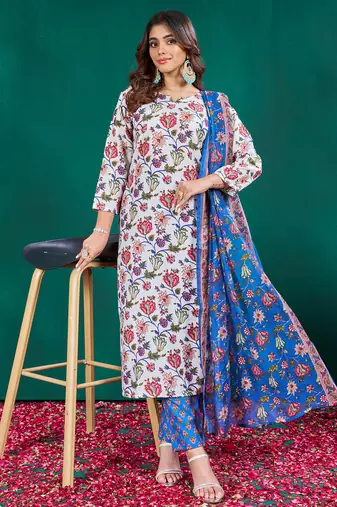  Women's Cotton Blend Floral Straight Printed Kurta Pant With Dupatta | kurta sets for woman